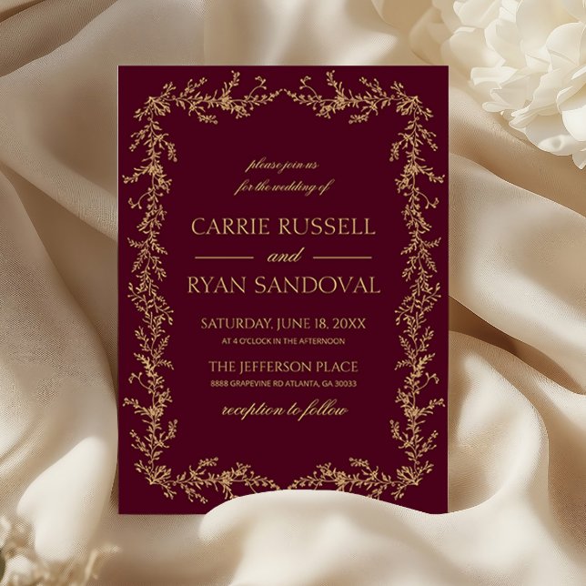 Burgundy Champagne Hand Drawn Floral Frame Wedding Einladung (Von Creator hochgeladen)