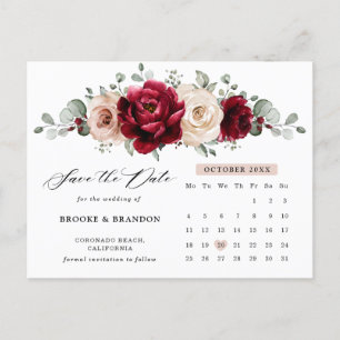 Burgundy Champagne Ivory Calendar Save the Date Postkarte