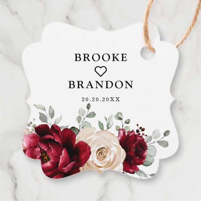 Burgundy Champagne Ivory Mauve Rose Floral Wedding Geschenkanhänger (Rückseite)
