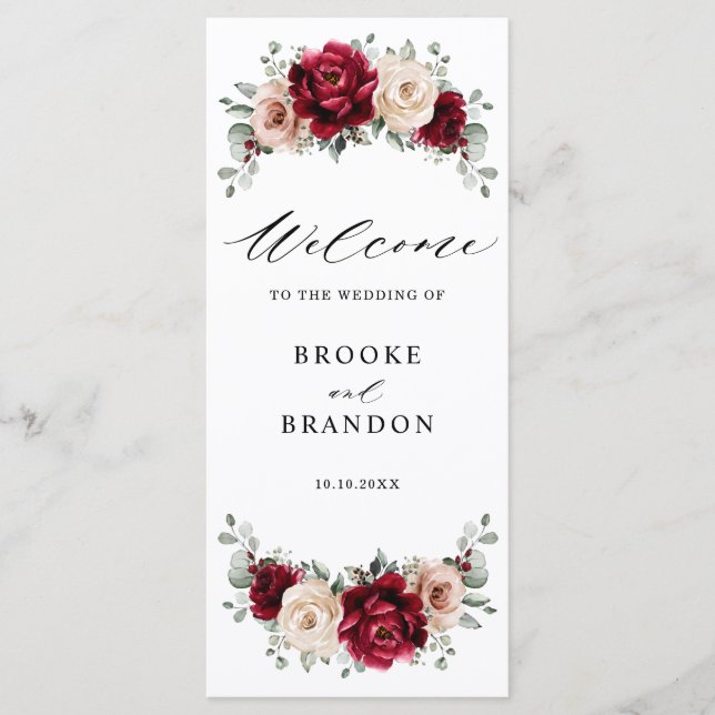Burgundy Champagne Ivory Mauve Rose Floral Wedding Programm (Vorderseite)