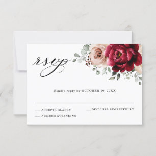 Burgundy Champagne Ivory Mauve Rose Floral Wedding RSVP Karte