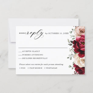 Burgundy Champagne Ivory Mauve Rose Floral Wedding RSVP Karte