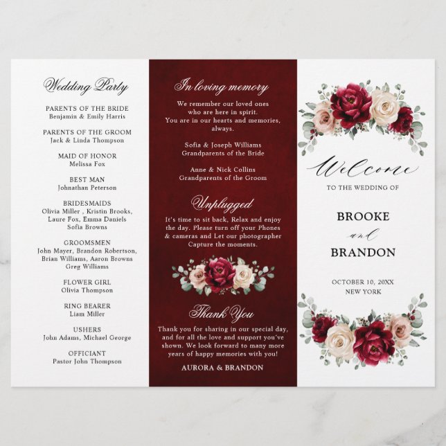 Burgundy Champagne Ivory Mauve Wedding Programm (Vorderseite)