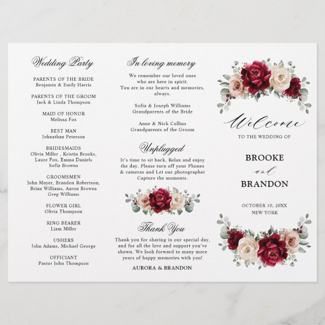 Burgundy Champagne Ivory Mauve Wedding Programm (Vorderseite)