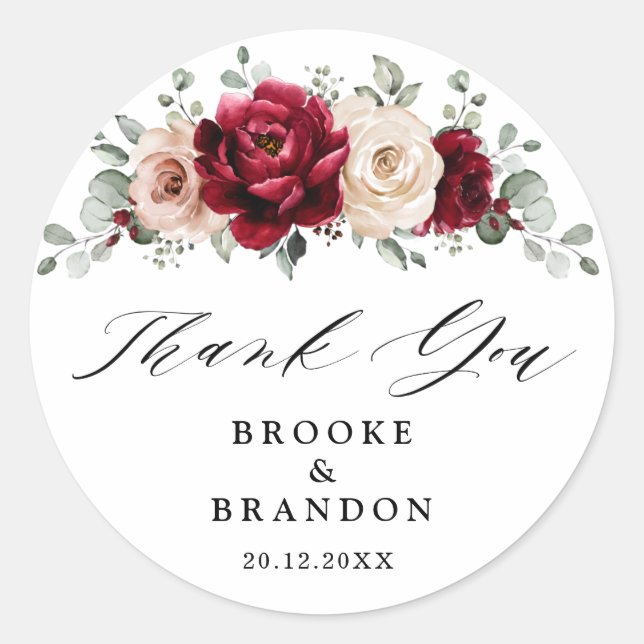 Burgundy Champagne Ivory Mauve Wedding Vielen Dank Runder Aufkleber (Vorderseite)