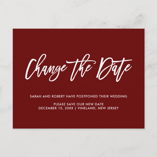 Burgundy Change date Zurückgestellt Stornierte Hoc Ankündigungspostkarte (Vorderseite)