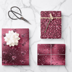 Burgundy Cherry Glitzer Sparkle Herz Geschenkpapier Set