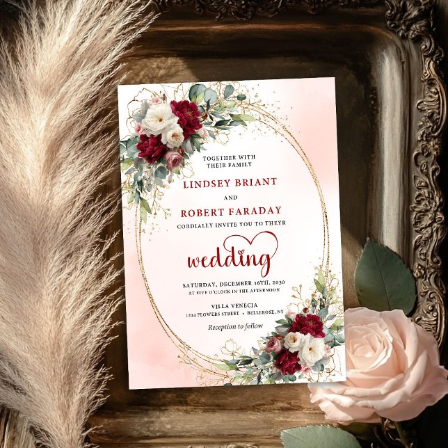 Burgundy Chic Bohemian Floral Wedding Invitation Einladung (Burgundy Chic Bohemian Floral Wedding Invitation)