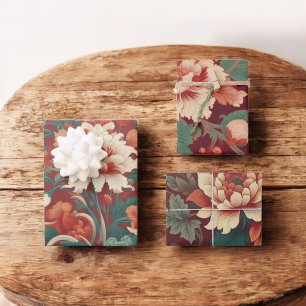 Burgundy Chinoiserie Antique Toile de Jouy Floral Geschenkpapier Set