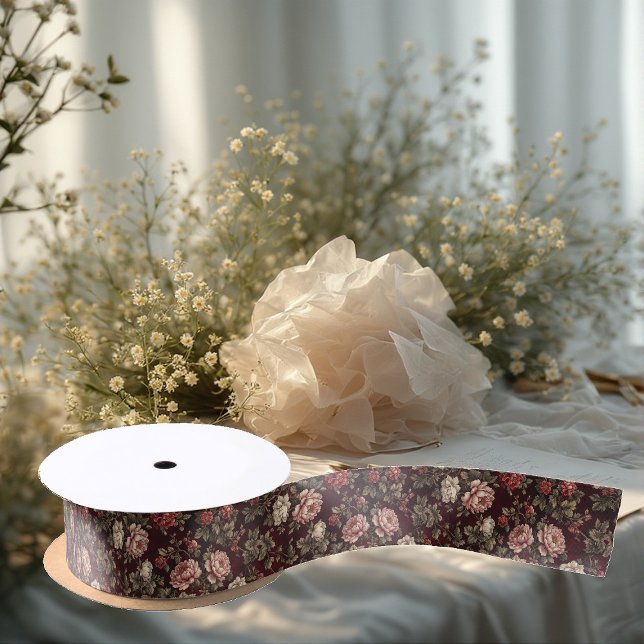 Burgundy Chinoiserie Christmas Romantic Floral Art Satinband (Burgundy Chinoiserie Christmas Romantic Floral Art Satin Ribbon)