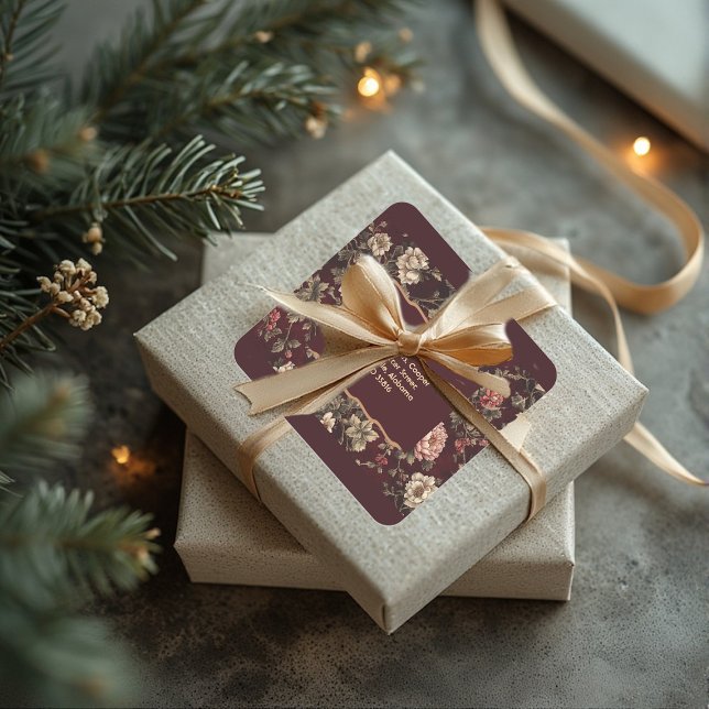 Burgundy Chinoiserie Christmas Romantic Wedding Quadratischer Aufkleber (Burgundy Chinoiserie Christmas Romantic Wedding Square Sticker)