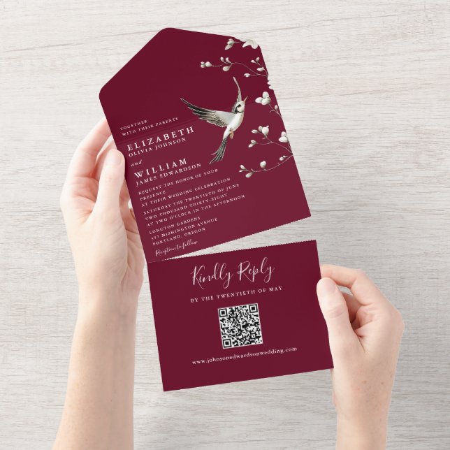 Burgundy Chinoiserie Floral Garden QR Code Wedding All In One Einladung (Abreißen)