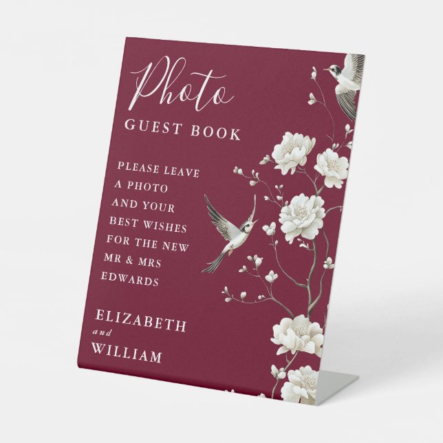 Burgundy Chinoiserie Foto Gästebuch Hochzeit Sockelschild (Vorderseite)