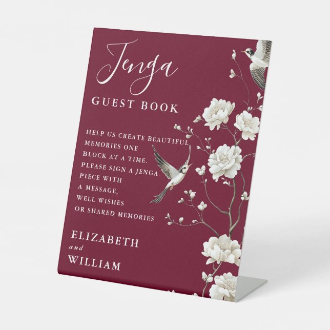 Burgundy Chinoiserie Jenga Gästebuch Wedding Sockelschild (Vorderseite)