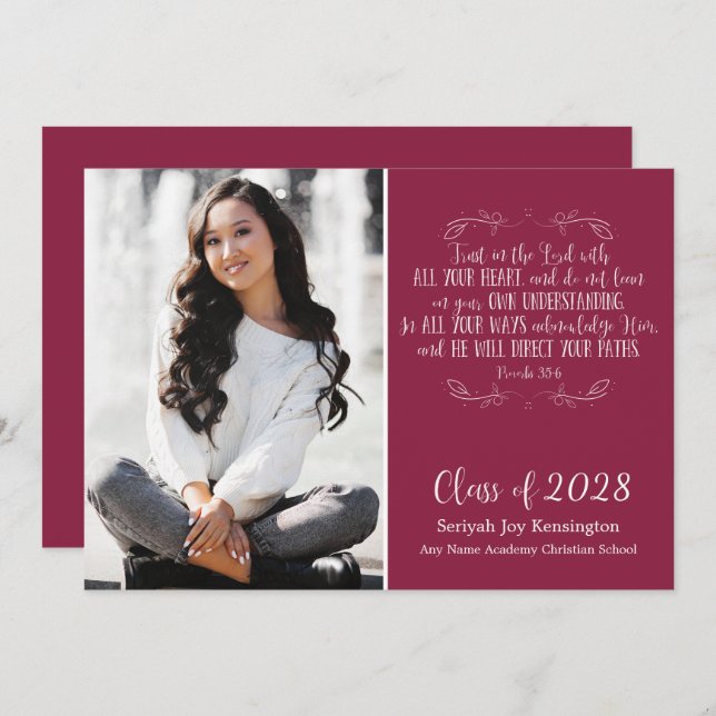 Burgundy Christlich Bible Verse Abschluss Foto Einladung (Vorne/Hinten)