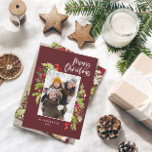Burgundy Christmas foliage rustic 1 photo Feiertagskarte<br><div class="desc">Christmas photo watercolor floral and foliage holiday card. Beautiful watercolour painted foliage and modern script text burgundy. Part of a collection.</div>