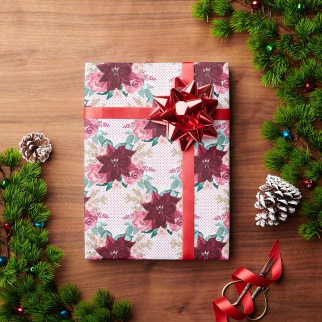 Burgundy Christmas Poinsettia Watercolor Geschenkpapier (Feiertagsgeschenk)