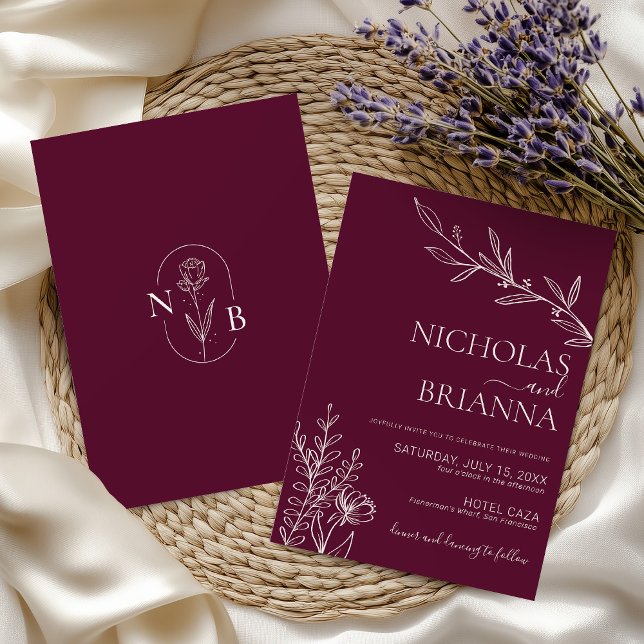 Burgundy Classic Minimalist Modern Boho Wedding Einladung (Von Creator hochgeladen)