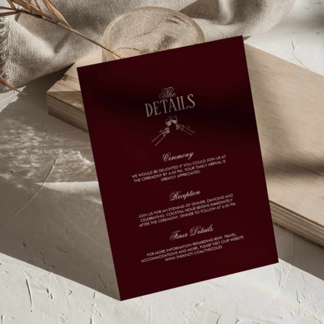 Burgundy Classic Retro Wedding Details  Begleitkarte (burgundy formal trendy wedding details card, deep red cherry classic ceremony details enclosure card)