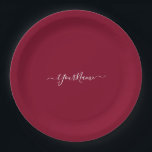 burgundy color-elegant script  pappteller<br><div class="desc">Burgundy color (#800020 ) solid color paper plates . It comes with elegant script fonts .Easy to customize it now with your name. You can add monograms/logo /text etc. Designer's Tip : The name comes in elegant hand lettered script with swashes. When you are personalizing it put your name between...</div>