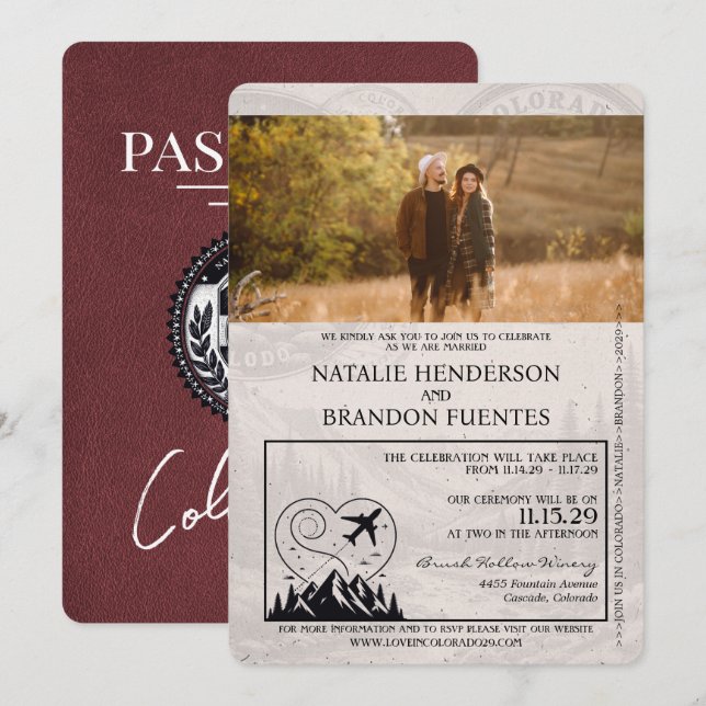 Burgundy Colorado Passport Wedding Einladung (Vorne/Hinten)