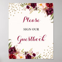 Burgundy Confetti Floral Guestbook Wedding Sign