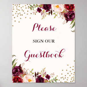 Burgundy Confetti Floral Guestbook Wedding Sign Poster