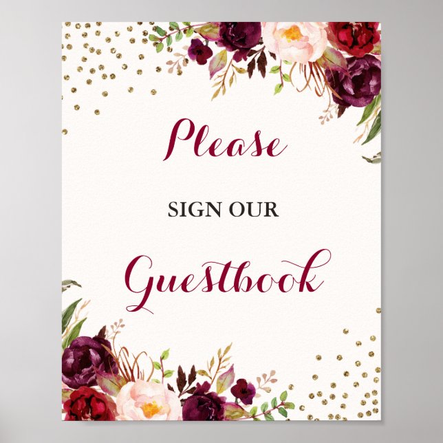 Burgundy Confetti Floral Guestbook Wedding Sign Poster (Vorne)