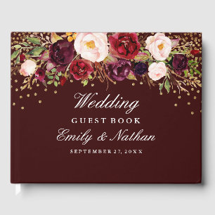 Burgundy Confetti Floral Wedding Gästebuch