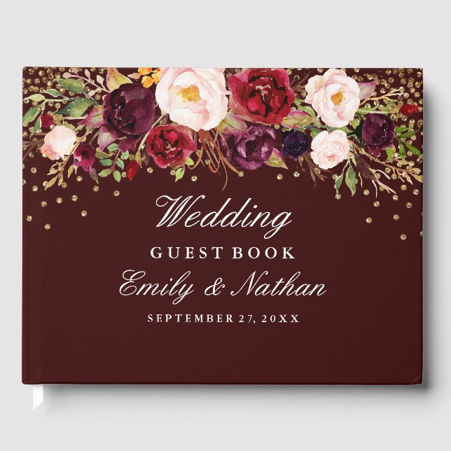 Burgundy Confetti Floral Wedding Gästebuch (Vorderseite)