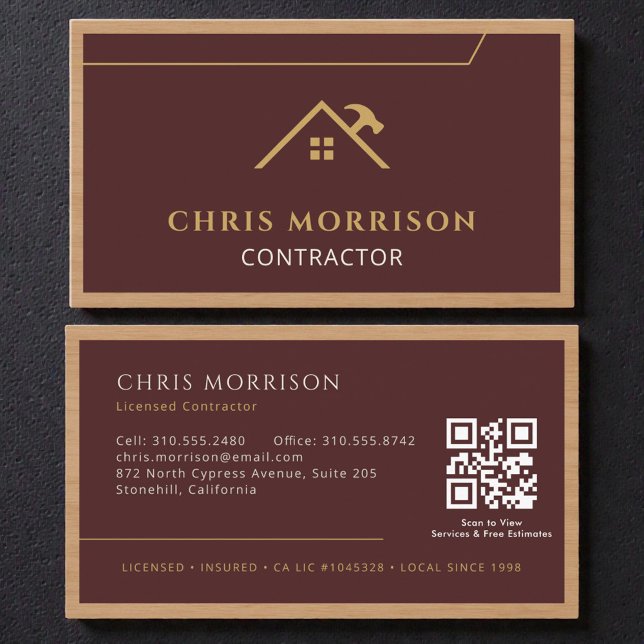 Burgundy Construction Professional Wood QR Code Visitenkarte (Von Creator hochgeladen)