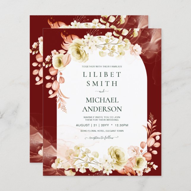 Burgundy Coral Floral Boho Wedding Einladung (Vorne/Hinten)