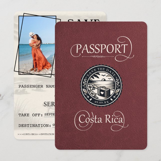 Burgundy Costa Rica Passport Save The Date (Vorne/Hinten)