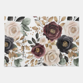 Burgundy Cream Black Floral Geschirrtuch