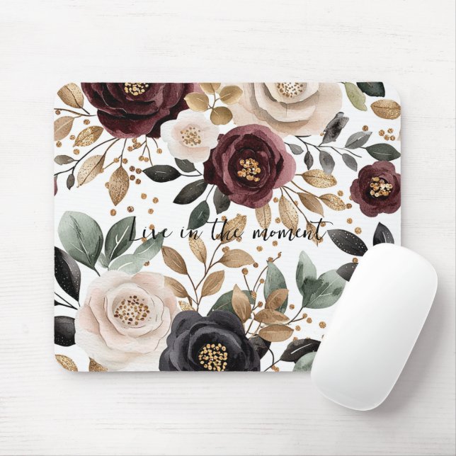 Burgundy Cream Black Floral Mousepad (Mit Mouse)