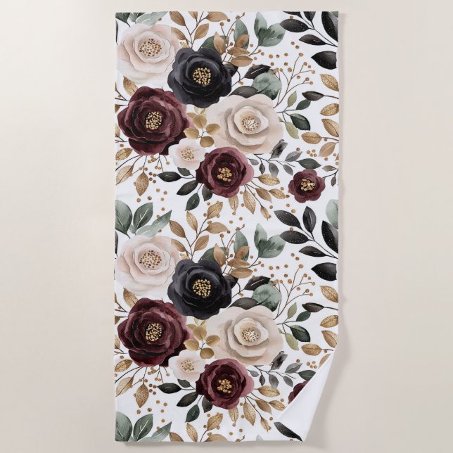 Burgundy Cream Black Floral Strandtuch (Vorderseite)