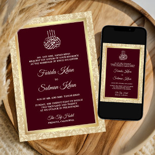 Burgundy Cream Damask Islamische Hochzeit Einladung