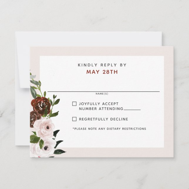 Burgundy Cream Dusty Pink Rose Floral Wedding RSVP Karte (Vorderseite)