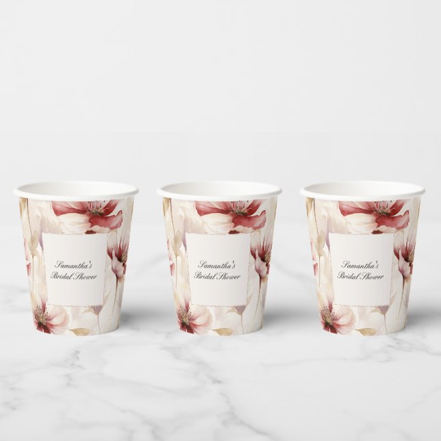 Burgundy Cream Floral Brautparty Pappbecher (Multi)
