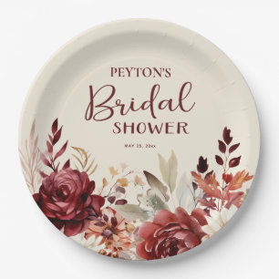 Burgundy Cream Floral Brautparty Pappteller