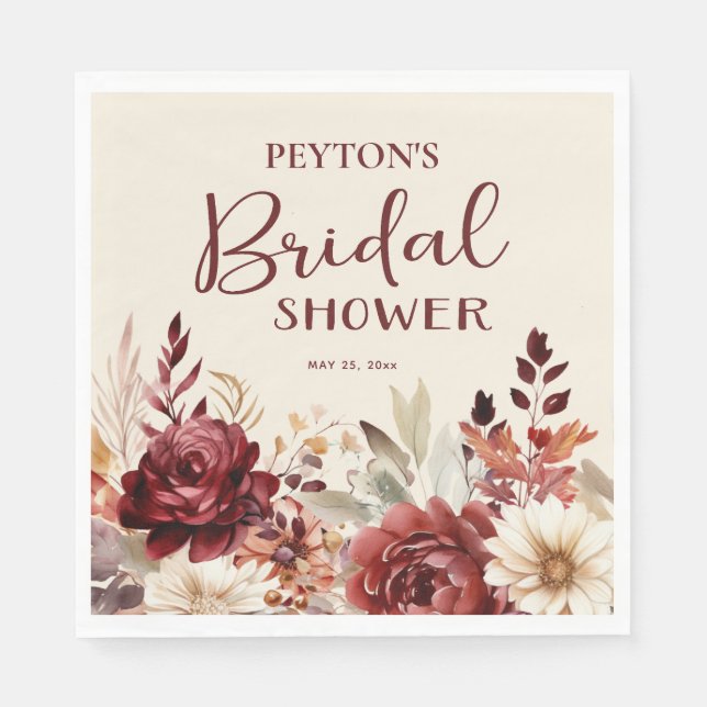Burgundy Cream Floral Brautparty Serviette (Vorderseite)