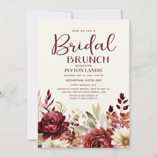 Burgundy Cream Floral Bridal Brunch Einladung (Vorderseite)