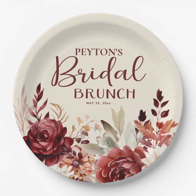 Burgundy Cream Floral Bridal Brunch Pappteller (Vorderseite)