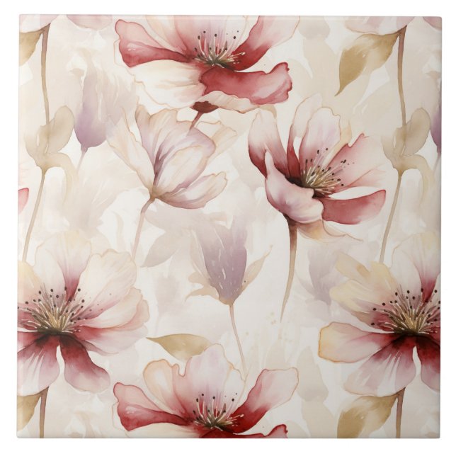Burgundy Cream Floral Fliese (Vorderseite)