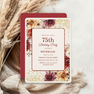 Burgundy Cream Floral Gold Glitzer 75. Geburtstag Einladung