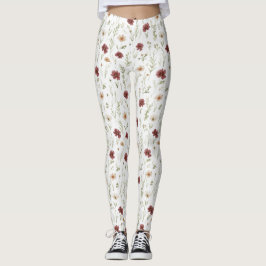 Burgundy Cream Flowers Leggings