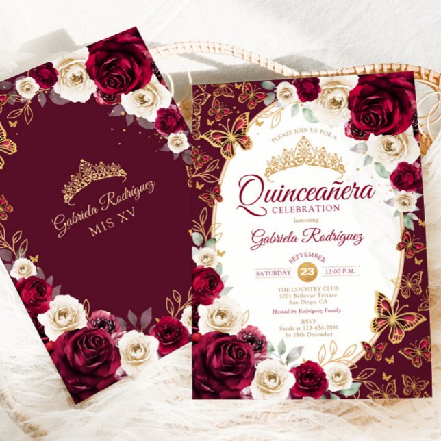 Burgundy Cream Gold Floral Chic Quinceanera Einladung (Von Creator hochgeladen)