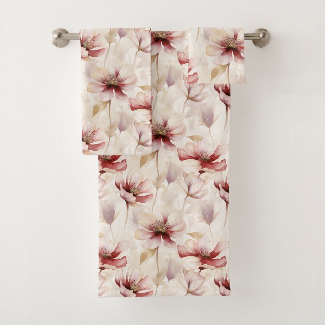 Burgundy Cream Lavender Floral Brautparty Badhandtuch Set (Insitu)