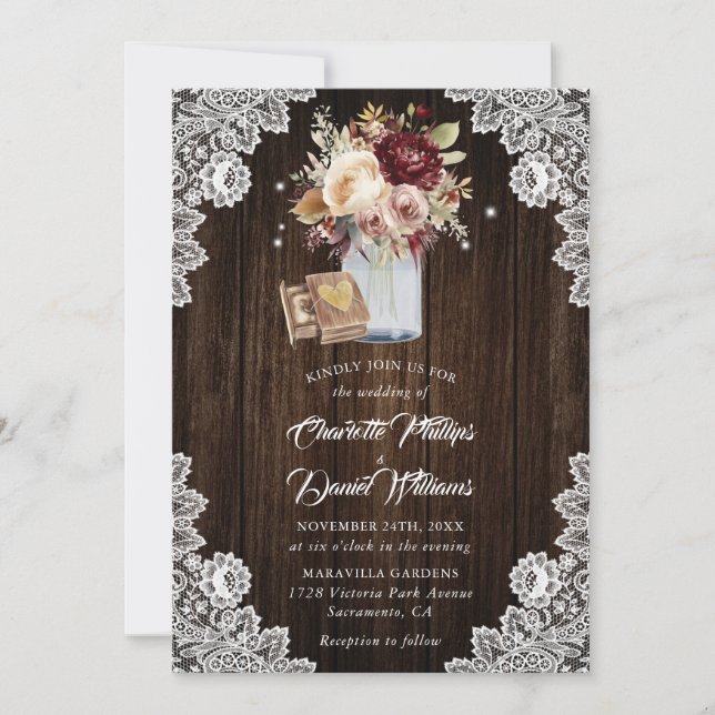 Burgundy Cream Mauve Rustic Wood Floral Wedding Einladung (Vorderseite)