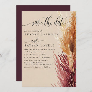 Burgundy Cream Modern Pampas Grass Save the Date Einladung
